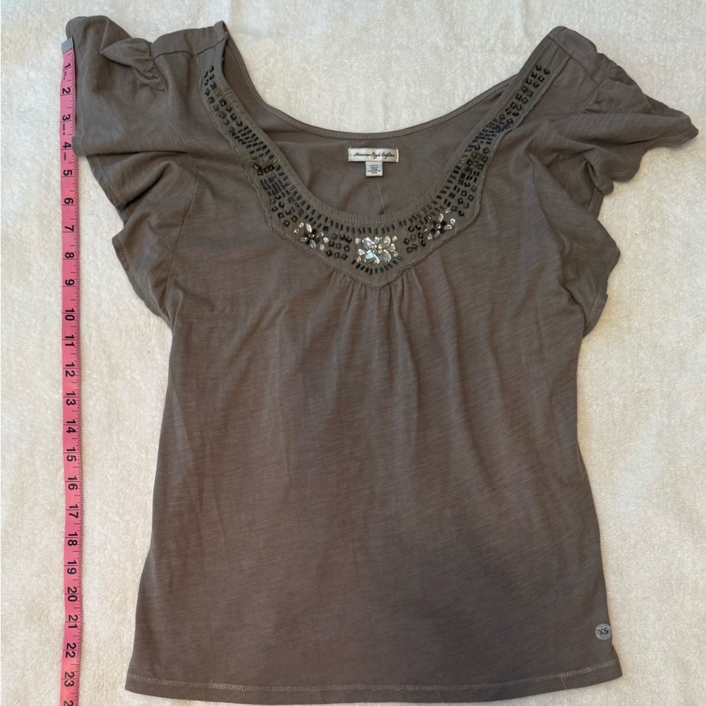 NWT American Eagle Beaded Scoop Neck Blouse – Taupe Gray, Size XS - Picture 4 of 8